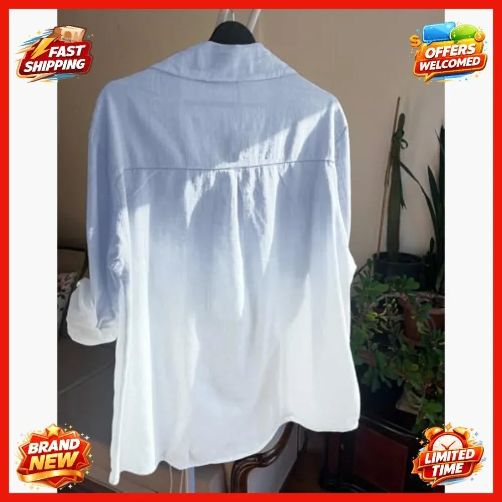 Oversized Cotton Button Down Shirt with Pocket Long Sleeve Blouse - Picture 5 of 7